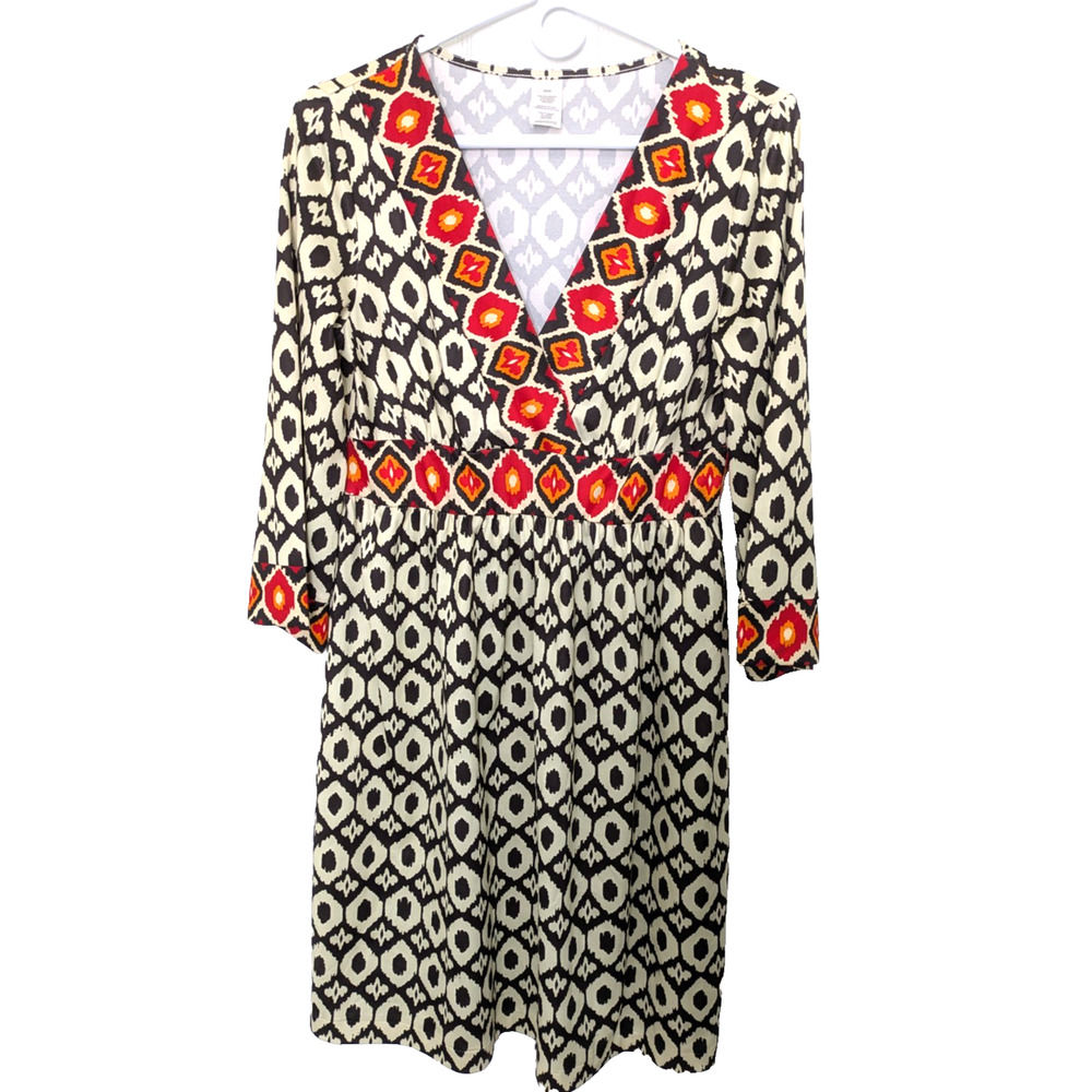 Womens V Neck Fit Flare Midi Dress Black White Orange Red Medium Boho